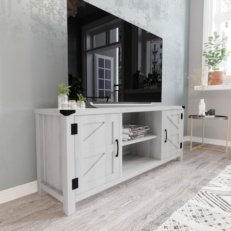 Flash Furniture Charlotte Modern Farmhouse Barn Door TV Stand in Light Gray for TV's up to 65in. w/Adjustable Shelf GC-MBLK67-LTGY-GG